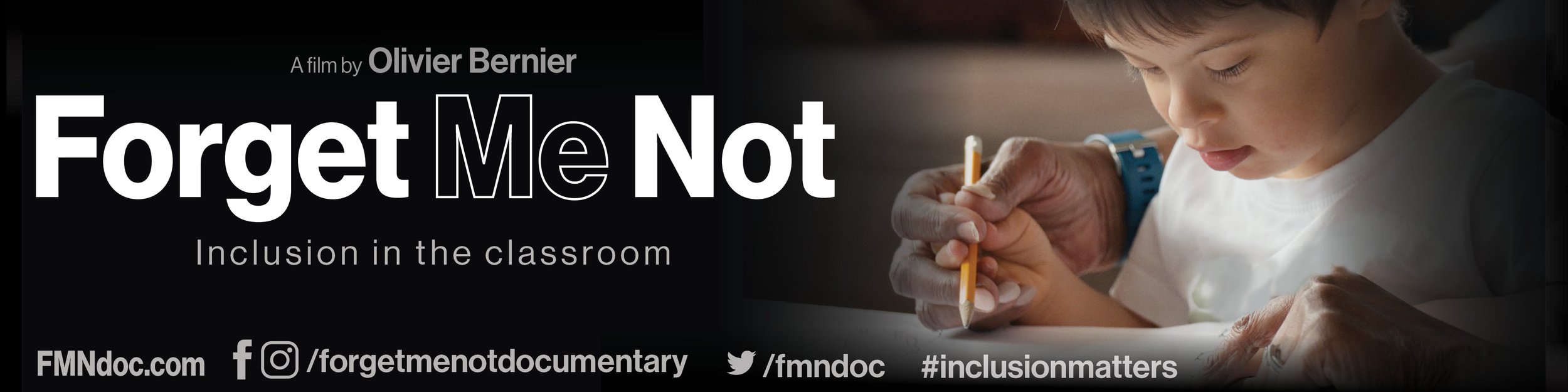Forget Me Not movie banner featuring a child with Down syndrome writing with support from another adult.